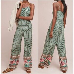 FARM RIO Anthropologie Green Floral Print Honolulu Wide Leg Pant Jumpsuit Sz M